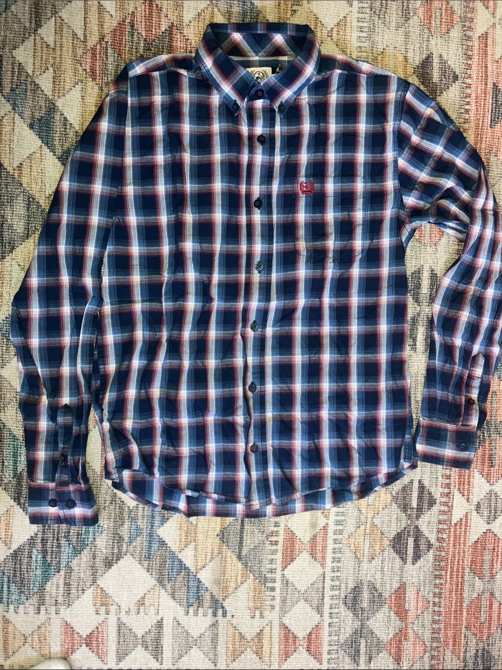 Cinch Navy and Red Plaid Button-Down Shirt